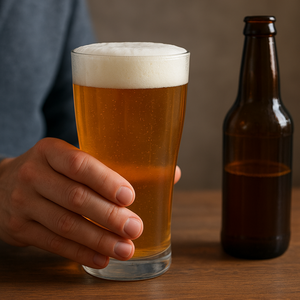 맥주잔과 요산 결정이 표시된 엄지발가락 관절을 통해 알코올과 통풍 위험을 설명하는 이미지