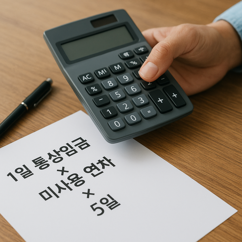 연차수당 기본 공식인 1일 통상임금과 미사용 연차 일수를 곱해 예상 금액을 계산하는 모습