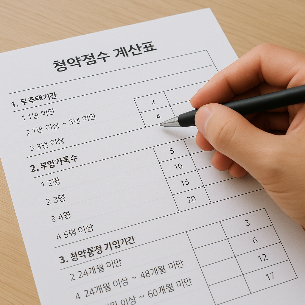 민영주택 청약가점표에서 무주택기간·부양가족수·청약통장 가입기간별 배점을 확인하는 모습
