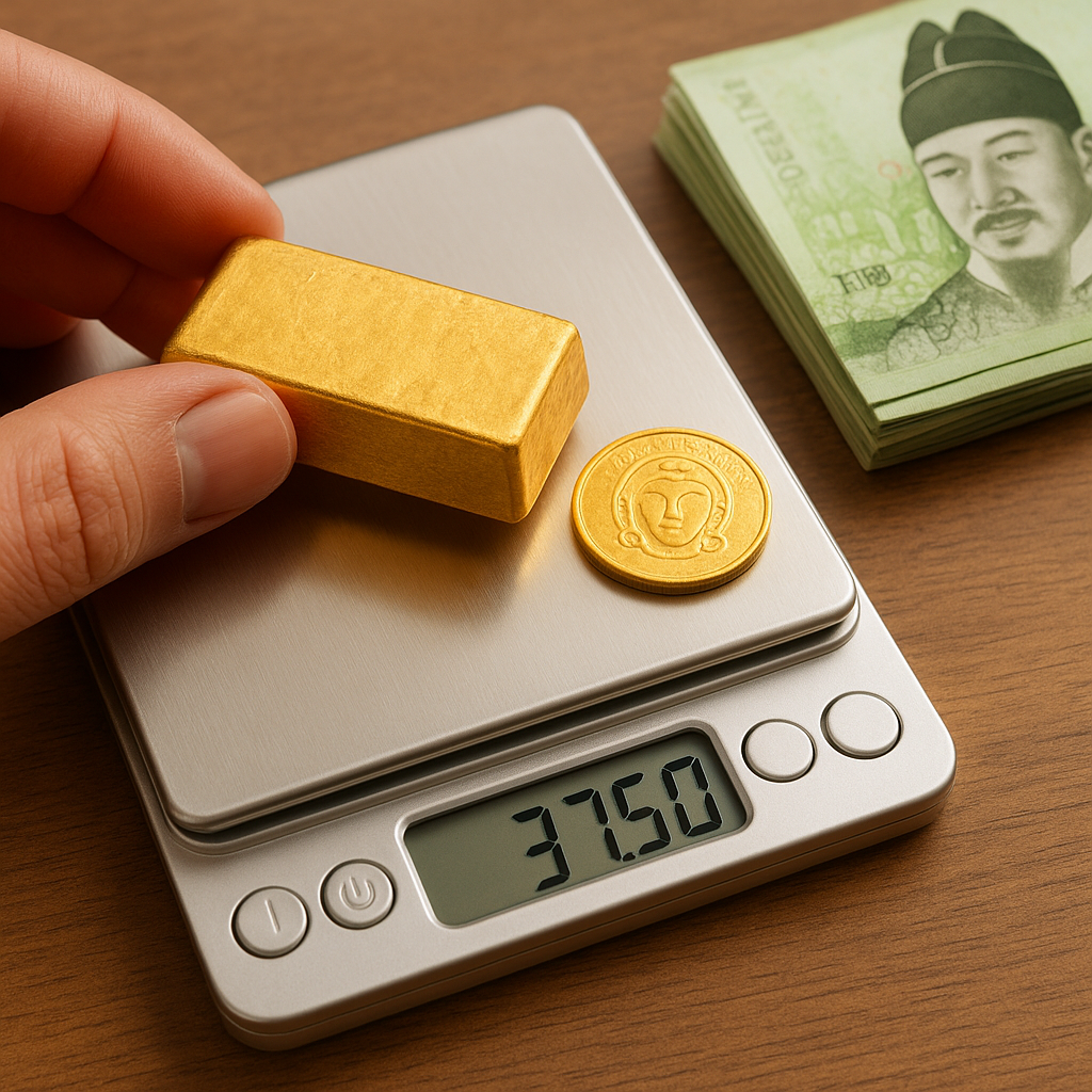 금 1냥과 1돈의 무게를 비교하고 37.5그램 환산 기준과 시세 계산법을 보여주는 이미지