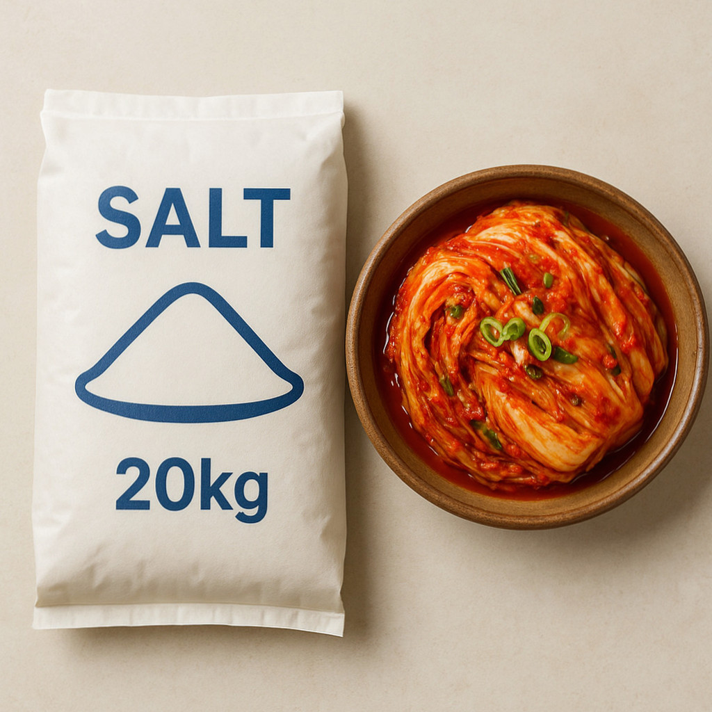 신안소금 20kg 패키지 이미지로, 김치 담그기에 적합한 고품질 소금을 강조한 모습.