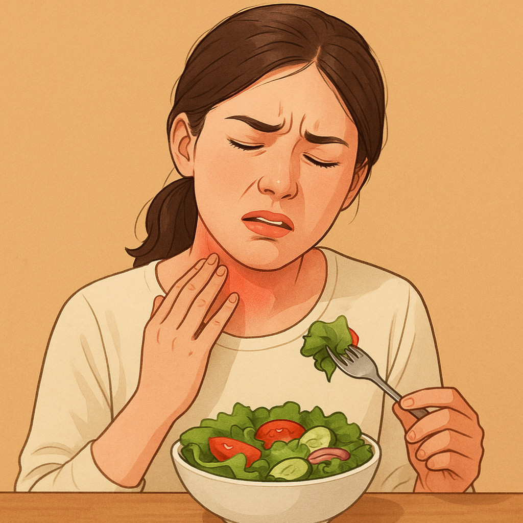 신선한 샐러드 재료와 그에 따른 알레르기 증상(가려움증, 복통 등)을 시각적으로 나타내는 이미지.