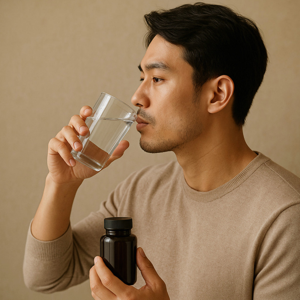 화애락 글로우부스터와 함께 건강하고 윤기 있는 남성 피부를 강조하는 이미지.