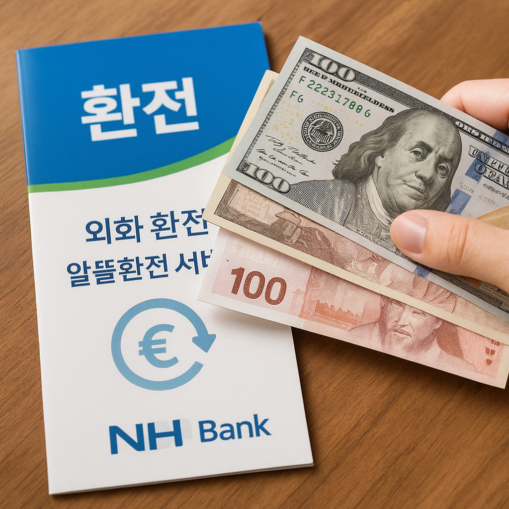 농협의 알뜰환전 서비스를 통해 외화 환전 방법과 혜택을 소개하는 이미지.
