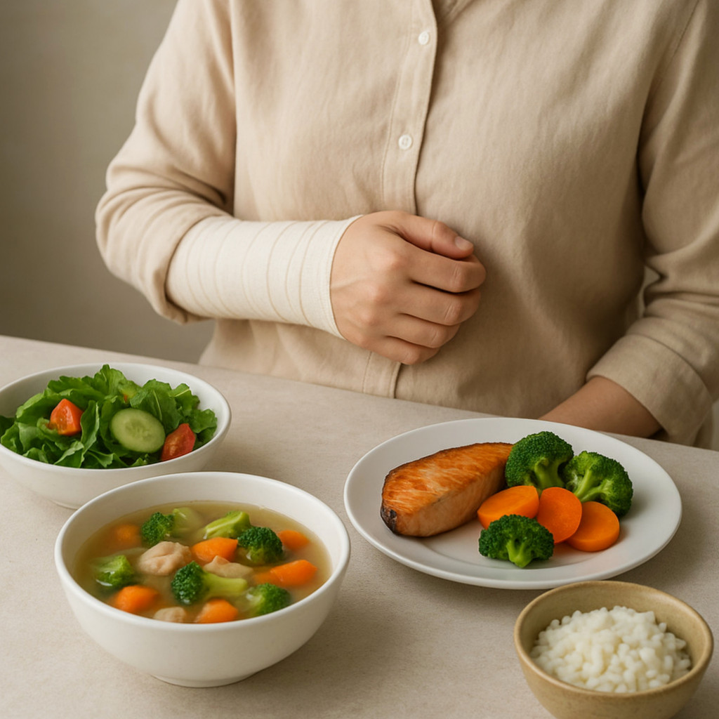 수술 후 회복에 적합한 음식들을 담은 모습으로, 흰살생선과 두부 등의 건강한 식사가 강조된 이미지.