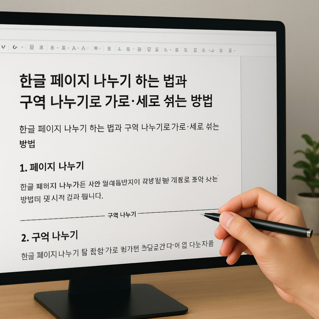 한글 문서에서 쪽 나누기와 구역 나누기를 활용해 세로 본문 사이에 가로 표 페이지를 배치하는 방법을 보여주는 대표 이미지