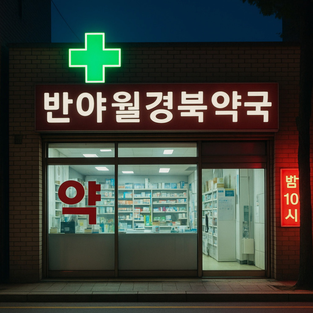 대구 동구 반야월로 1281에 있는 반야월경북약국의 위치와 일요일 포함 매일 밤 10시까지 운영하는 안내를 담은 이미지