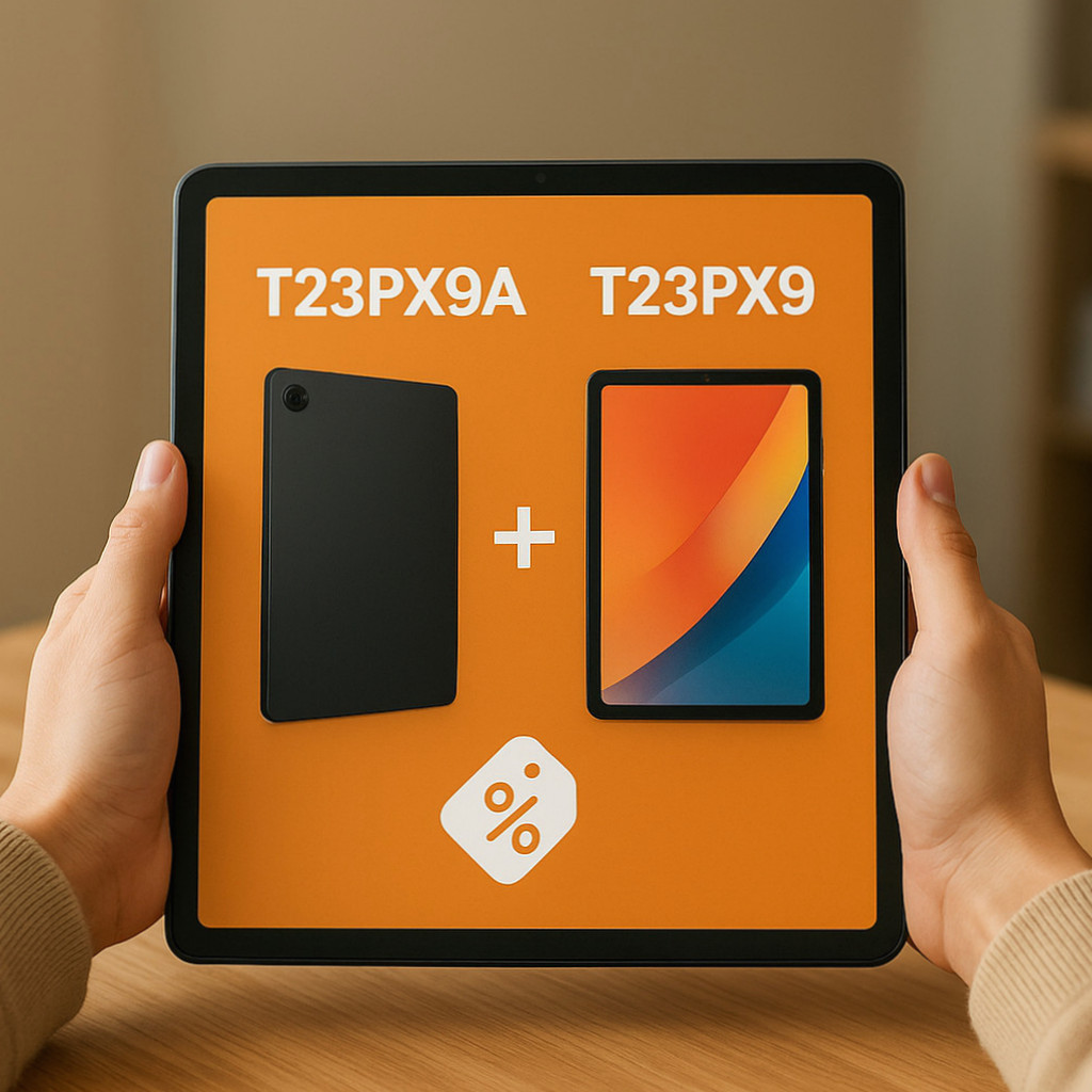 T23PX9A와 T23PX9 모델의 세탁기 디자인과 성능 특징을 비교하는 이미지.