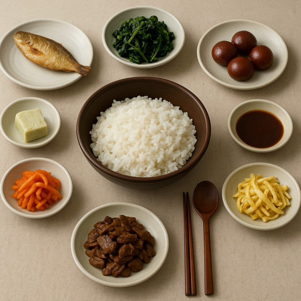 삼우제 상차림이 정중하게 차려진 모습으로, 갓 지은 밥과 국, 나물, 전, 과일이 고르게 배치되어 있다.