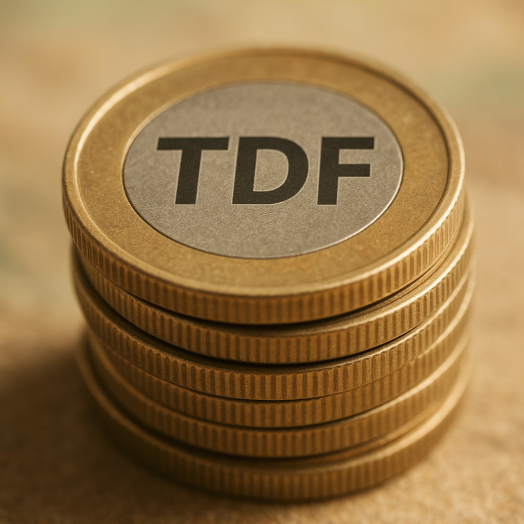 다양한 자산에 분산 투자하여 안정적인 수익을 추구하는 타겟 날짜 펀드(TDF)의 구조와 작동 방식을 설명하는 그래픽.