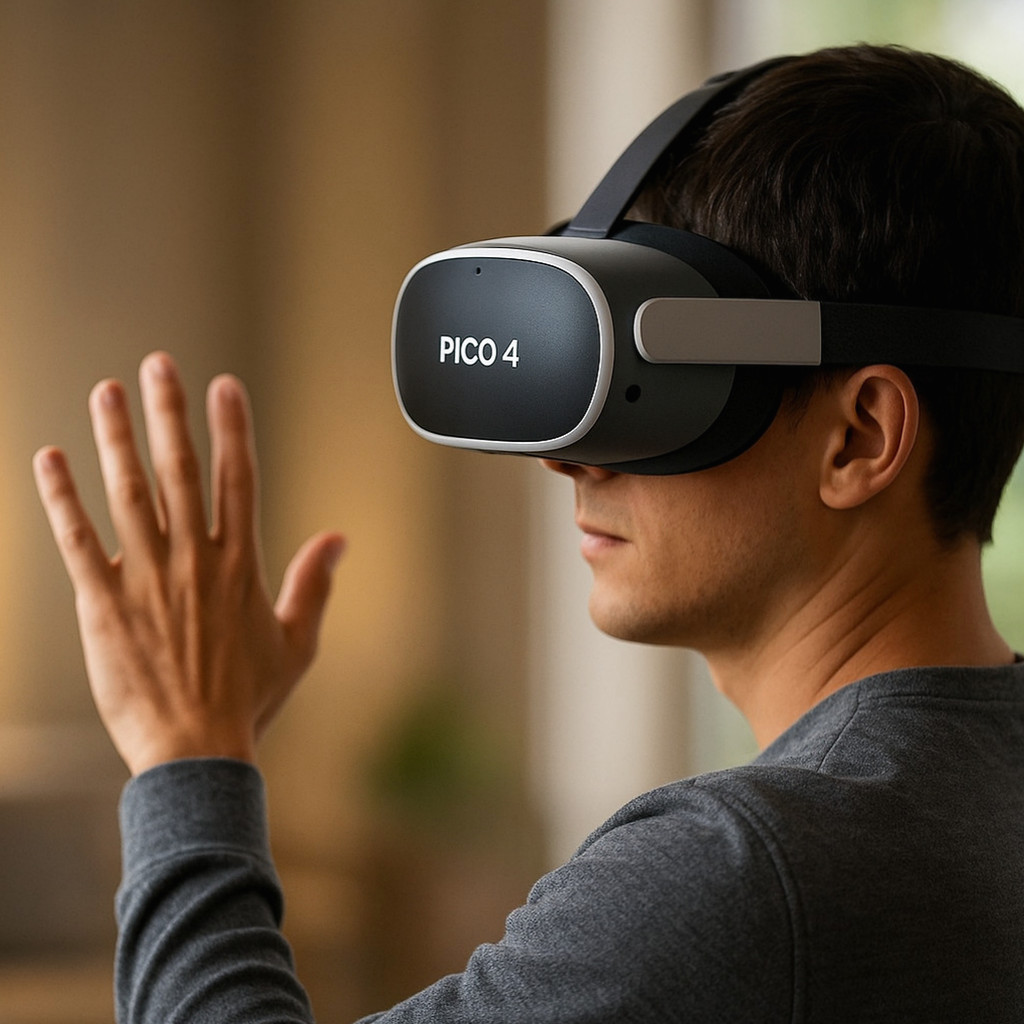 피코 4 울트라 VR 패키지의 성능과 사용자 경험을 시각적으로 표현한 이미지로, 고급스러운 디자인의 VR 헤드셋과 트래커가 함께 배치되어 있다.