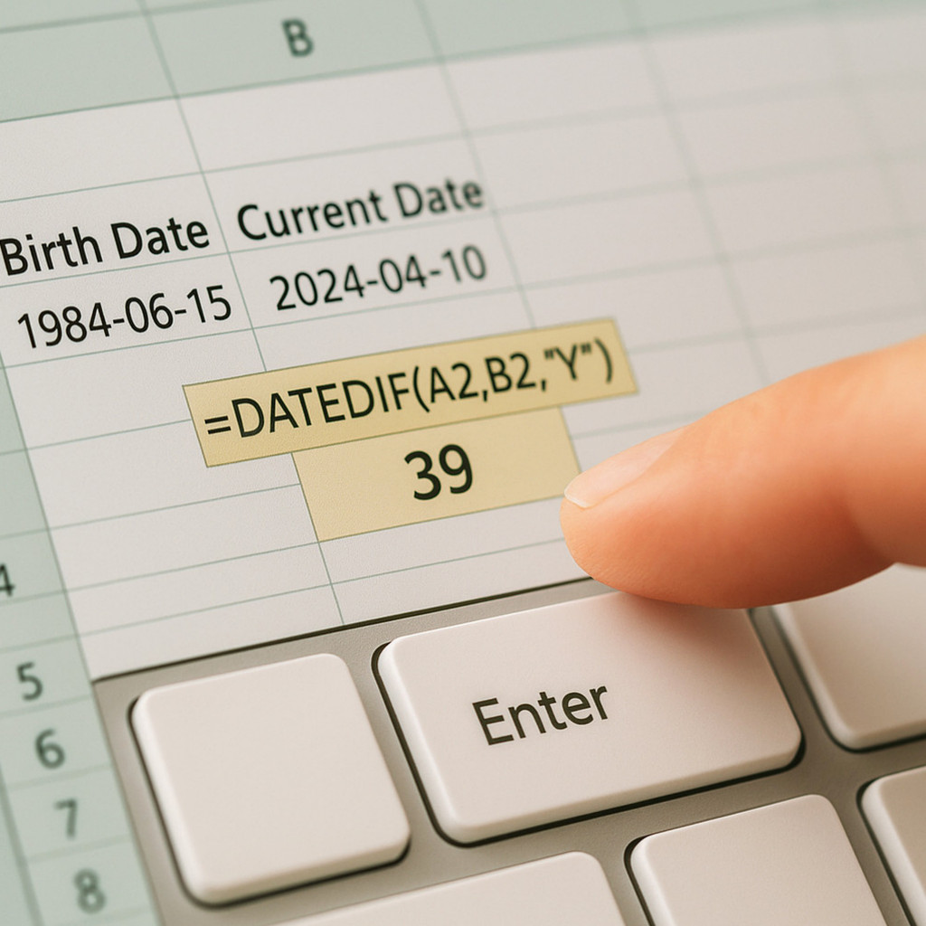 엑셀에서 DATEDIF 함수를 이용해 만 나이와 근속 연수를 계산하는 방법을 설명하는 이미지.