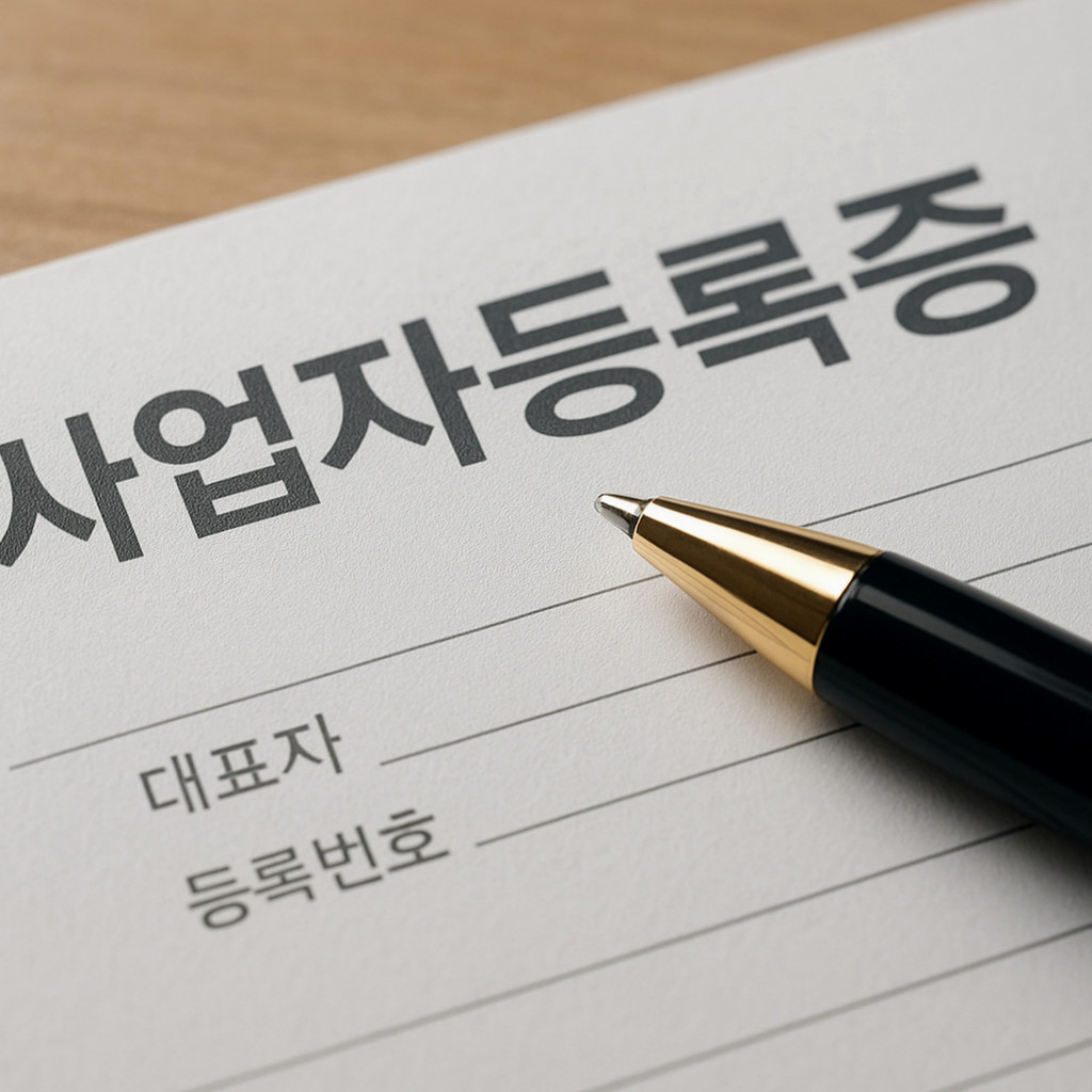 가을 분위기를 배경으로 개인사업자 등록 절차를 설명하는 이미지, 서류와 홈택스 관련 정보가 담긴 자료.