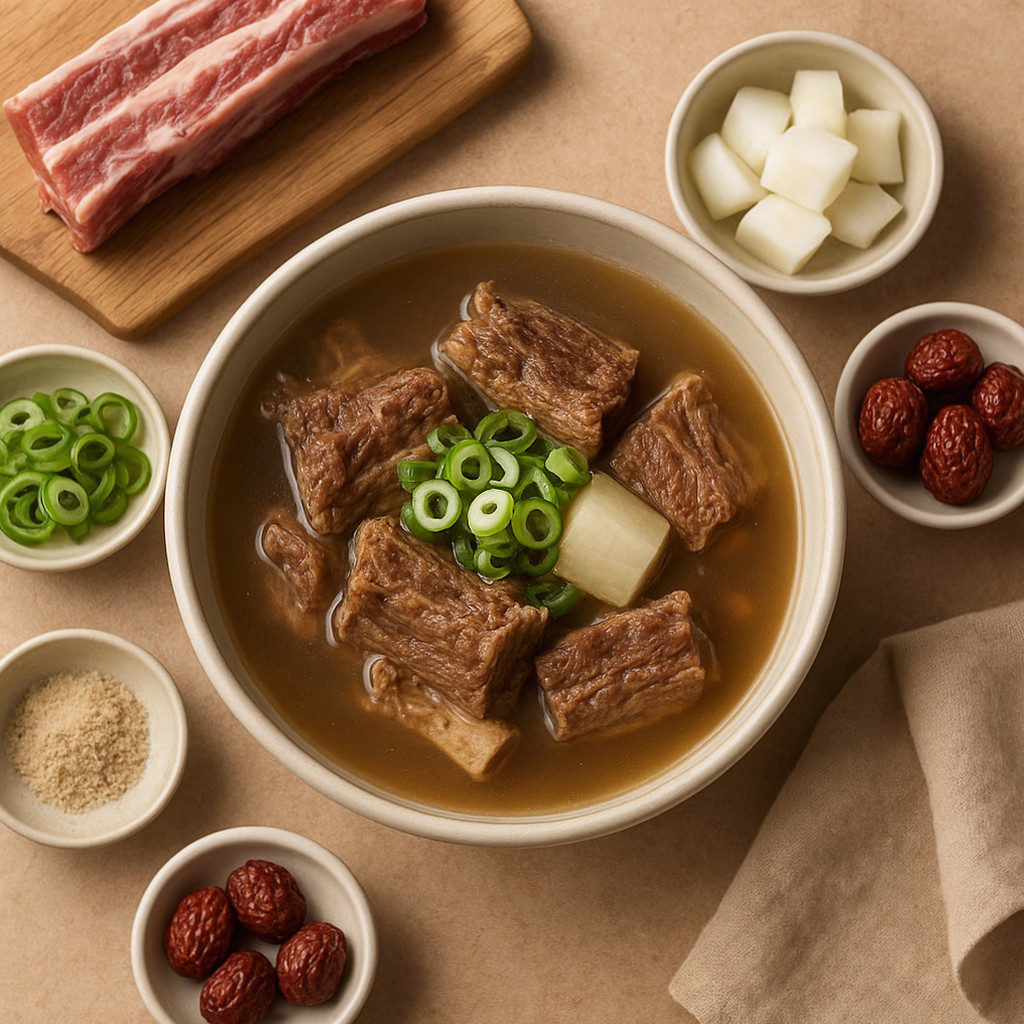 소갈비탕을 끓이기 위해 필요한 재료와 조리가 모두 담긴 이미지를 보여줌.